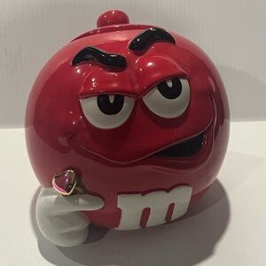 Vintage M&M Red Candy Cookie Jar Dispenser Dish Ceramic Ring Valentine's Day